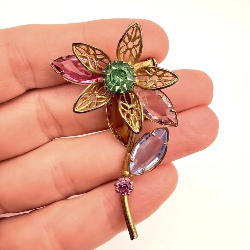 Vtg MCM 1960s Flower Stem Prong Set filigree Multi Color Pastel Brooch Gold Tone